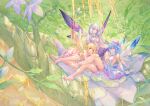  aqua_eyes aqua_hair atdan barefoot blonde_hair breasts butterfly dress elbow_gloves fairy flowers forest gloves gray_hair haiyi hat honey leaves long_hair pink_eyes shian_(synthv) short_hair sideboob synthesizer_v tree twintails vocaloid wings wink xingchen yellow_eyes 