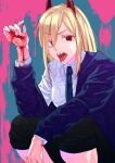  +_+ 1girl bleeding blonde_hair blood bloody_clothes bloody_hands blue_neckwear chainsaw_man eyebrows_visible_through_hair hair_between_eyes highres horns injury long_hair necktie open_mouth otsudou power_(chainsaw_man) red_eyes sharp_teeth solo splatter squatting teeth tongue tongue_out upper_teeth 