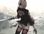  1girl android angry black_blindfold black_footwear black_gloves black_hairband blindfold breasts brown_legwear cleavage cleavage_cutout clenched_teeth clothing_cutout gauss_&lt;bokashi gloves grey_hair hairband holding holding_sword holding_weapon mole mole_under_mouth nier_(series) nier_automata puffy_sleeves robot see-through short_hair skindentation solo sword teeth thighhighs torn torn_clothes weapon yorha_no._2_type_b 