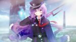  1girl :o bangs belt black_belt black_headwear black_jacket blurry blurry_background cape collared_shirt commentary_request day depth_of_field deyui eyebrows_visible_through_hair gochuumon_wa_usagi_desu_ka? gun hair_between_eyes hand_up hat highres jacket long_hair looking_at_viewer mouth_hold outdoors parted_lips peaked_cap purple_cape purple_eyes purple_hair red_neckwear shirt solo tedeza_rize twintails v-shaped_eyebrows very_long_hair wallpaper weapon weapon_on_back white_shirt 
