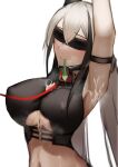  1girl armpits arms_up black_blindfold blindfold breasts closed_mouth collar condom covered_eyes covered_nipples cum cum_on_armpits cum_on_body cum_on_breasts gaia_(girls_frontline) girls_frontline hair_between_eyes highres large_breasts leash long_hair low_twintails mouth_hold periory sangvis_ferri silver_hair simple_background smile solo sweat twintails underboob upper_body used_condom white_background 