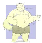 2021 anthro belly bottomwear canid canine canis clothing domestic_dog eyes_closed inunoshippo japanese_text kemono male mammal navel overweight overweight_anthro overweight_male shorts solo text 