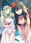 bikini black_bikini blue_eyes blue_sky breasts byleth_(fire_emblem) byleth_(fire_emblem)_(female) cleavage cloud commentary dark_blue_hair fire_emblem fire_emblem:_three_houses fire_emblem_heroes flower from_below green_eyes green_hair hair_flower hair_ornament hand_on_own_knee highres jewelry large_breasts lens_flare long_hair looking_at_viewer necklace own_hands_together palm_tree parted_lips pentagon_(shape) rhea_(fire_emblem) sky smile sparkle sunlight swimsuit tree white_bikini wristband zuzu_(ywpd8853) 