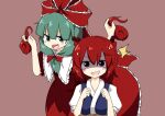  2girls :d ^^^ bangs blunt_bangs blush bow brown_background commentary_request cookie_(touhou) dress eyebrows_visible_through_hair frilled_dress frilled_ribbon frills front_ponytail green_eyes green_hair hair_between_eyes hair_bobbles hair_bow hair_ornament hair_ribbon higashi_aisu holding holding_hair kagiyama_hina long_hair looking_at_viewer miyako_(naotsugu) multiple_girls onozuka_komachi open_mouth puffy_short_sleeves puffy_sleeves red_dress red_eyes red_hair red_ribbon ribbon shaded_face shishou_(cookie) short_hair short_sleeves simple_background smile solo sweatdrop touhou two_side_up upper_body 