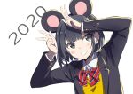  2020 animal_ears black_eyes black_hair bow chinese_zodiac double_v gochou_(atemonai_heya) grin jacket mouse_ears new_year open_clothes open_jacket original short_hair simple_background smile striped striped_bow sweater upper_body v white_background year_of_the_rat yellow_sweater 