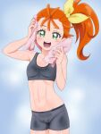  1girl :d arm_up bare_arms bare_shoulders blue_background blush breasts collarbone commentary_request eyebrows_visible_through_hair green_eyes grey_shorts groin hair_ribbon hand_up highres looking_at_viewer mameshiba natsuumi_manatsu navel open_mouth orange_hair precure ribbon round_teeth short_shorts shorts side_ponytail small_breasts smile solo sports_bra teeth towel towel_around_neck tropical-rouge!_precure upper_teeth yellow_ribbon 