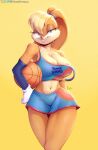  2021 anthro ball basketball_(ball) basketball_uniform bedroom_eyes big_breasts blonde_hair blue_eyes bottomwear breasts buckteeth clothing curvaceous curvy_figure female fur gym_bottomwear gym_clothing gym_shorts hair hi_res lagomorph leporid lola_bunny looking_at_viewer looney_tunes mammal midriff multicolored_body multicolored_fur narrowed_eyes navel pinceldreams pink_nose rabbit seductive shirt shorts signature simple_background solo space_jam sportswear tan_body tan_fur tank_top teeth thick_thighs topwear twitter two_tone_body two_tone_fur uniform voluptuous warner_brothers yellow_background 