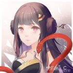  1girl bangs breasts brown_hair chinese_clothes cleavage closed_mouth hair_ornament highres honkai_(series) honkai_impact_3rd lips long_hair looking_at_viewer nuwa red_eyes sdzy97510 sleeveless smile snake solo 