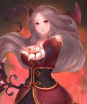  1girl bare_shoulders blood breasts brown_hair cleavage collarbone dress eyelashes frilled_dress frilled_sleeves frills head_wings highres holding holding_weapon king&#039;s_raid large_breasts lewisia_(king&#039;s_raid) long_hair looking_at_viewer narrow_waist orange_eyes parted_lips reaching_out red_dress red_sleeves sleeveless sleeveless_dress solo strapless strapless_dress underbust very_long_hair weapon wide_hips yu_mochi_(kamiinu) 