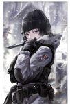  1girl absurdres arknights artist_name belt black_hair blue_eyes border canadian_flag coat dated frost_(rainbow_six_siege) gloves hand_up hat highres holding holding_knife knife long_sleeves military mole mole_under_eye outside_border rainbow_six_siege sawkm short_hair snow snowing solo tactical_clothes utility_belt white_border winter_clothes winter_coat 