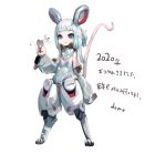  2020 animal animal_ears animal_on_hand banana_(domo) bangs blue_eyes blunt_bangs blush chinese_zodiac digitigrade english_text long_hair mecha_musume mouse mouse_girl mouse_tail nengajou new_year open_mouth original simple_background sleeves_past_fingers sleeves_past_wrists tail white_background white_hair year_of_the_rat 