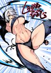  abs absurdres angel_(kof) armpits blue_eyes boots bra breasts chaps cowboy_boots cropped_jacket fingerless_gloves gloves grey_hair hair_over_one_eye highres jacket kurogane_naoto_(churushiko) large_breasts leather leather_jacket mexican navel sideboob snk strapless strapless_bra the_king_of_fighters the_king_of_fighters_2001 the_king_of_fighters_xiv toned underwear white_hair 