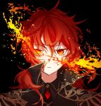  1boy bangs black_background black_coat black_shirt coat commentary_request diluc_(genshin_impact) fire genshin_impact high_collar highres long_hair looking_at_viewer male_focus nagikiho parted_lips ponytail portrait red_eyes red_hair shirt simple_background solo 