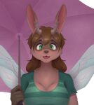  2018 anthro antlers brown_body brown_fur brown_hair clothing female front_view fur green_eyes hair hi_res holding_object holding_umbrella horn hybrid insect_wings littlenapoleon mits_(character) open_mouth pattern_clothing portrait smile solo striped_clothing stripes umbrella wings 