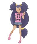  1girl ;| blue_shorts bow_print cosplay dark_skin dark_skinned_female frilled_shorts frills high_heels iris_(pokemon) long_hair low-tied_long_hair neko19920311 one_eye_closed pink_footwear pink_shirt pokemon pokemon_(anime) pokemon_bw_(anime) pokemon_xy_(anime) purple_hair shauna_(pokemon) shauna_(pokemon)_(cosplay) shirt shoes short_shorts shorts solo tied_hair twintails very_long_hair yellow_eyes 