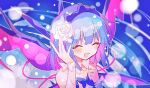  1girl ^_^ ^o^ bangs bare_shoulders blue_hair blue_headwear blurry blush bokeh closed_eyes depth_of_field eyebrows_visible_through_hair flower hair_flower hair_ornament hand_up headdress hibi89 merc_storia open_mouth ribbon ripples short_hair smile solo upper_body wings wrist_cuffs 