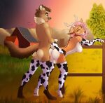  2020 animal_print anthro anthro_on_anthro anthro_penetrated anthro_penetrating anthro_penetrating_anthro antlers barn breasts butt cervid clothing collar cow_print detailed_background female fence genitals gloves grass handwear hi_res horn legwear male male/female mammal milk-jug nipples outside penetration penis plant red_collar sex standing thigh_highs tree 