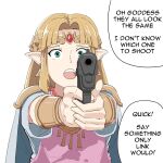  1girl aiming armor armored_dress automatic_giraffe brown_hair cape circlet dress earrings english_commentary english_text finger_on_trigger forehead_jewel green_eyes gun handgun holding holding_gun holding_weapon jewelry meme pauldrons pink_dress pistol pointy_ears princess_zelda revision shoulder_armor solo speech_bubble super_smash_bros. the_legend_of_zelda the_legend_of_zelda:_a_link_between_worlds time_paradox triangle_earrings triforce upper_teeth weapon white_background white_cape 