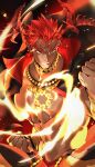 1boy abs absurdres bara bare_pecs chest_tattoo dark_skin dark_skinned_male demon_boy demon_horns fire highres horns ifrit_(tokyo_houkago_summoners) kaiko_003f large_pectorals male_focus muscular muscular_male navel nipples pointy_ears short_hair smirk solo spiked_hair stomach tattoo tokyo_houkago_summoners upper_body wind 