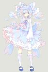  1girl alternate_color alternate_wings back_bow bangs blue_bow blue_eyes blue_footwear blue_hair blue_neckwear blue_skirt blue_vest blush bobby_socks bow cherry_blossoms cirno commentary_request detached_wings full_body grey_background hair_bow highres ice ice_wings long_sleeves looking_at_viewer multicolored_hair neckerchief nikorashi-ka petals pink_bow pink_hair pink_neckwear pink_skirt pink_wings shirt shoes short_hair simple_background skirt socks solo touhou two-tone_hair two-tone_skirt vest white_legwear white_shirt wind wings 