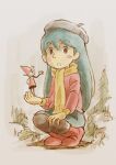  1girl absurdres alfur_(hilda) beret black_legwear blue_hair blush boots hand_on_own_knee hasp hat highres hilda_(hilda) hilda_(series) looking_at_another open_mouth pullover raised_eyebrows red_footwear scarf skirt squatting studio_ghibli_(style) wide-eyed 