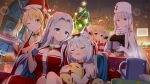  5girls :o ahoge alternate_costume animal_ears antenna_hair antlers azur_lane bell bird blanket blonde_hair blush bow box breasts chick choker christmas christmas_ornaments christmas_tree christmas_wreath cleavage closed_eyes cup dress earmuffs eldridge_(azur_lane) eldridge_(holy_night&#039;s_embrace)_(azur_lane) enterprise_(azur_lane) enterprise_(reindeer_master)_(azur_lane) fang food forehead gift gift_box gochou_(atemonai_heya) green_eyes green_ribbon grin hair_bell hair_bow hair_intakes hair_ornament hammann_(azur_lane) hat holding holding_gift hornet_(azur_lane) large_breasts long_hair manjuu_(azur_lane) meat mug multiple_girls neck_bell one_eye_closed open_mouth pennant purple_eyes red_bow red_choker red_dress red_eyes red_ribbon reindeer_antlers ribbon santa_hat scarf shared_blanket sidelocks silver_hair sleeping smile snow_globe star_(symbol) star_hair_ornament twintails two_side_up very_long_hair wavy_mouth white_headwear white_scarf window yorktown_(azur_lane) 