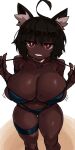  1girl absurdres ahoge ahoge_cat_girl_(kevbot) animal_ear_fluff animal_ears bikini black_bikini black_hair black_nails borrowed_character breasts cat_ears cleavage collarbone curvy dark_skin dark_skinned_female earrings english_commentary eyebrows_visible_through_hair fingernails half-closed_eyes highres hoop_earrings huge_ahoge huge_breasts jewelry looking_at_viewer micro_bikini navel neck_ring original red_eyes short_hair solo spaghetti_strap strap_pull sweat swimsuit thick_thighs thigh_strap thighs thumb_ring undressing very_dark_skin zanamaoria 