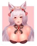  1girl :d animal_ear_fluff animal_ears arms_behind_back bangs bare_shoulders breasts brooch cat_ears cat_girl cleavage collarbone detached_collar eyelashes hair_between_eyes hair_over_one_eye headgear highres jewelry king&#039;s_raid kirze large_breasts leaning_forward light_blush long_hair looking_at_viewer open_mouth pink_background red_eyes silver_hair smile solo strapless upper_body wing_collar yu_mochi_(kamiinu) 