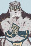  1boy abs ainu ainu_clothes animal_ears bara bare_pecs breath chest_hair cowboy_shot fighting_stance furry grey_fur grey_hair headband highres horkeu_kamui_(tokyo_houkago_summoners) injury jacket jacket_on_shoulders large_pectorals looking_at_viewer male_focus muscular muscular_male navel navel_hair nipples pelvic_curtain serious short_hair silver_hair solo stomach tail tokyo_houkago_summoners two-tone_fur vambraces white_fur wolf_boy wolf_ears wolf_tail yellow_eyes yuki_(m0000rgn) 