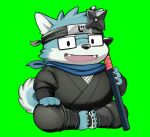  2021 anthro blue_body blue_fur canid canine clothed clothing cute_fangs eyewear fur glasses green_background japanese_text kemono kinoshita-jiroh male mammal ninja overweight overweight_anthro overweight_male simple_background solo text warrior 