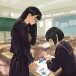  2girls black_hair black_sailor_collar black_serafuku black_skirt blurry blurry_background bob_cut book bookmark brown_eyes chair chalkboard classroom clock commentary desk door eraser freckles glasses hair_behind_ear hand_on_table highres hiramedousa holding holding_pencil homework long_hair long_skirt looking_down multiple_girls neckerchief original paper pencil pencil_case pointing sailor_collar school_chair school_uniform serafuku short_hair sitting skirt standing studying textbook yellow_neckwear 