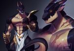  abs animal_humanoid anthro biceps black_body brontide cloud_meadow dagger dragon dragon_humanoid horn humanoid luluthir male melee_weapon muscular muscular_anthro muscular_male nipples pecs scalie scar solo video_games weapon 