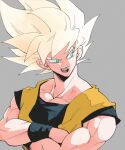  1boy bare_arms blonde_hair commentary copyright_request crossed_arms dougi dragon_ball green_eyes grey_background kz_(dbz_kz) looking_away looking_to_the_side male_focus muscular muscular_male no_pupils open_mouth pectorals raised_eyebrow sharp_teeth simple_background sleeveless solo son_goku spiked_hair super_saiyan teeth upper_body wristband 