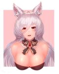  1girl :d animal_ear_fluff animal_ears arms_behind_back bangs bare_shoulders breasts brooch cat_ears cat_girl cleavage collarbone detached_collar eyelashes hair_between_eyes hair_over_one_eye highres jewelry king&#039;s_raid kirze large_breasts leaning_forward light_blush long_hair looking_at_viewer open_mouth pink_background red_eyes silver_hair smile solo strapless upper_body wing_collar yu_mochi_(kamiinu) 