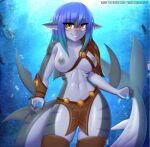  2021 5_fingers anthro areola blue_hair breasts clothing digital_media_(artwork) ear_piercing eyebrows eyelashes female fingers fish front_view grin hair hi_res looking_at_viewer marine navel nipples non-mammal_breasts piercing shark smile solo text twistedscarlett60 url 