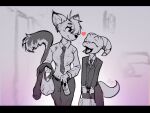  &lt;3 absurd_res anthro beverage black_bars blush canid canine dep duo eyes_closed female female/female fluffy fluffy_tail handbag hi_res holding_object kobold letterbox mammal necktie open_mouth scalie smile street suits walking 