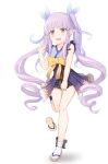  1girl bangs bare_legs black_skirt blush bow cementite full_body hair_ribbon highres kyouka_(princess_connect!) long_hair miniskirt pointy_ears princess_connect! purple_hair ribbon sandals simple_background skirt twintails very_long_hair white_background yellow_bow 