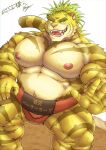  1boy abs alternate_costume alternate_hairstyle animal_ears bara bare_pecs belly black_eyes blonde_hair bulge bursting_pecs colored_sclera feet_out_of_frame furry green_sclera highres large_pectorals looking_at_viewer macan_(tokyo_houkago_summoners) male_focus muscular muscular_male nipples open_hand pectorals plump short_hair smile solo stomach sumo thick_eyebrows thick_thighs thighs tiger_boy tiger_ears tokyo_houkago_summoners yellow_fur yuki_(m0000rgn) 