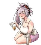  alcohol arm_up blush breasts cleavage cup drunk fate/grand_order fate_(series) glass holding holding_cup koyubi_(littlefinger1988) large_breasts layered_clothing looking_at_viewer miyamoto_musashi_(fate) off_shoulder pink_hair sitting skirt smile 