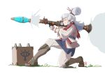  1girl ammunition_box automatic_giraffe blush closed_eyes english_commentary eye_symbol finger_on_trigger firing forehead_tattoo full_body greaves grey_hair hair_ornament hair_stick hyrule_warriors:_age_of_calamity impa medium_hair one_knee pointy_ears rocket_launcher rpg rpg-7 sheikah smoke solo the_legend_of_zelda the_legend_of_zelda:_breath_of_the_wild time_paradox updo weapon younger 