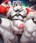  1boy abs ainu ainu_clothes alternate_costume animal_ears bara bare_pecs blush briefs chest_hair chest_harness christmas feet flying_sweatdrops foreshortening foreskin furry grey_fur grey_hair harness headband horkeu_kamui_(tokyo_houkago_summoners) jacket large_pectorals large_penis leather looking_at_viewer male_focus male_pubic_hair male_underwear monogg muscular muscular_male nipples o-ring o-ring_top open_clothes open_jacket pelvic_curtain penis pubic_hair red_jacket red_male_underwear reward_available santa_costume short_hair silver_hair snowing soles solo stomach sweatdrop tail thick_thighs thighs toes tokyo_houkago_summoners two-tone_fur uncensored underwear white_fur wolf_boy wolf_ears wolf_tail yellow_eyes 