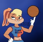  2021 4_fingers anthro ball basketball_(ball) basketball_uniform big_breasts blonde_hair blue_eyes bottomwear breasts bruno_pereyra buckteeth clothing female fingers fur gloves hair handwear hi_res lagomorph leporid lola_bunny looking_at_viewer looney_tunes mammal midriff multicolored_body multicolored_fur navel pink_nose rabbit shorts signature solo space_jam sportswear tan_body tan_fur teeth two_tone_body two_tone_fur uniform warner_brothers white_clothing white_gloves 