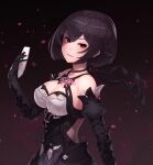  1girl absurdres bangs bare_shoulders black_choker black_gloves black_hair breasts choker cleavage collarbone detached_sleeves elbow_gloves evil_smile eyelashes from_side gloves hair_between_eyes hair_flaps highres juliet_sleeves king&#039;s_raid long_sleeves medium_breasts no_wings parted_lips puffy_sleeves red_eyes ribbon_choker shaded_face short_hair side_cutout smile solo upper_body v-shaped_eyebrows xerah_(king&#039;s_raid) yu_mochi_(kamiinu) 