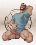  1boy bara beard black_hair bottomless broken_horn commission covered_nipples dreamplpe erection facial_hair hairy highres horns kneeling large_pectorals leg_hair male_focus mature_male monster_boy muscular muscular_male naked_shirt original penis precum satyr shirt short_hair solo thick_thighs thighs uncensored 