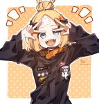  1girl :d abigail_williams_(fate) absurdres arms_up bangs black_bow black_jacket blonde_hair blue_eyes blush bow commentary crossed_bandaids double_v fate/grand_order fate_(series) hair_bow hair_bun heroic_spirit_traveling_outfit highres jacket long_hair long_sleeves looking_at_viewer notice_lines open_mouth orange_background orange_bow outline parted_bangs polka_dot polka_dot_background sharp_teeth signature sleeves_past_wrists smile sofra solo star_(symbol) symbol_commentary teeth twitter_username two-tone_background upper_body v white_background white_outline 