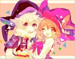  1boy 1girl ;d bangs black_gloves blush brown_hair cake eyebrows_visible_through_hair food fork gloves hat heart hibi89 holding holding_cake holding_food holding_fork long_sleeves looking_at_viewer merc_storia multiple_boys one_eye_closed open_mouth orange_eyes purple_eyes shirt short_hair smile soiree_(merc_storia) sparkle sphera_(merc_storia) sweatdrop upper_body white_hair white_shirt witch_hat wizard_hat 