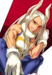  1girl 4o080_yotabnc animal_ears boku_no_hero_academia bunny_ears commentary_request dark_skin dark_skinned_female gloves highres long_hair mirko rabbit_girl red_background red_eyes smile solo teeth thighhighs toned two-tone_background very_long_hair white_background white_gloves white_hair 