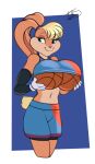  2021 anthro ball basketball_(ball) basketball_uniform blonde_hair blue_eyes border bottomwear brown_body brown_fur buckteeth clothing female freckles_(artist) fur hair jersey lagomorph leporid lola_bunny looking_at_viewer looney_tunes mammal multicolored_body multicolored_fur navel pink_nose rabbit shorts signature solo space_jam sportswear tan_body tan_fur teeth two_tone_body two_tone_fur uniform warner_brothers white_border 