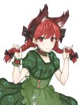  1girl adapted_costume animal_ear_fluff animal_ears apron bangs black_bow bow braid breasts cat_ears choker closed_mouth collarbone commentary_request dress ear_piercing earrings extra_ears eyebrows_visible_through_hair frills goto_tsukasa green_apron green_dress hair_bow hair_ribbon hands_up holding holding_hair jewelry kaenbyou_rin light_blush long_hair looking_at_viewer nail_polish piercing pink_nails puffy_short_sleeves puffy_sleeves red_choker red_eyes red_hair ribbon short_sleeves simple_background sketch slit_pupils small_breasts smile solo touhou tress_ribbon twin_braids twintails v-shaped_eyebrows white_background wrist_cuffs 