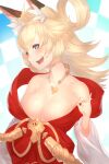  1girl :d ahoge animal_ear_fluff bangs bare_shoulders blonde_hair blue_eyes blush breasts cleavage collarbone eyelashes flipped_hair fox_shadow_puppet hair_between_eyes hair_rings highres hikimayu inaho_(world_flipper) jewelry large_breasts long_hair long_sleeves looking_at_viewer low_neckline open_mouth rope shimenawa shirt short_eyebrows smile solo star-shaped_pupils star_(symbol) symbol-shaped_pupils white_shirt wide_sleeves world_flipper yu_mochi_(kamiinu) 